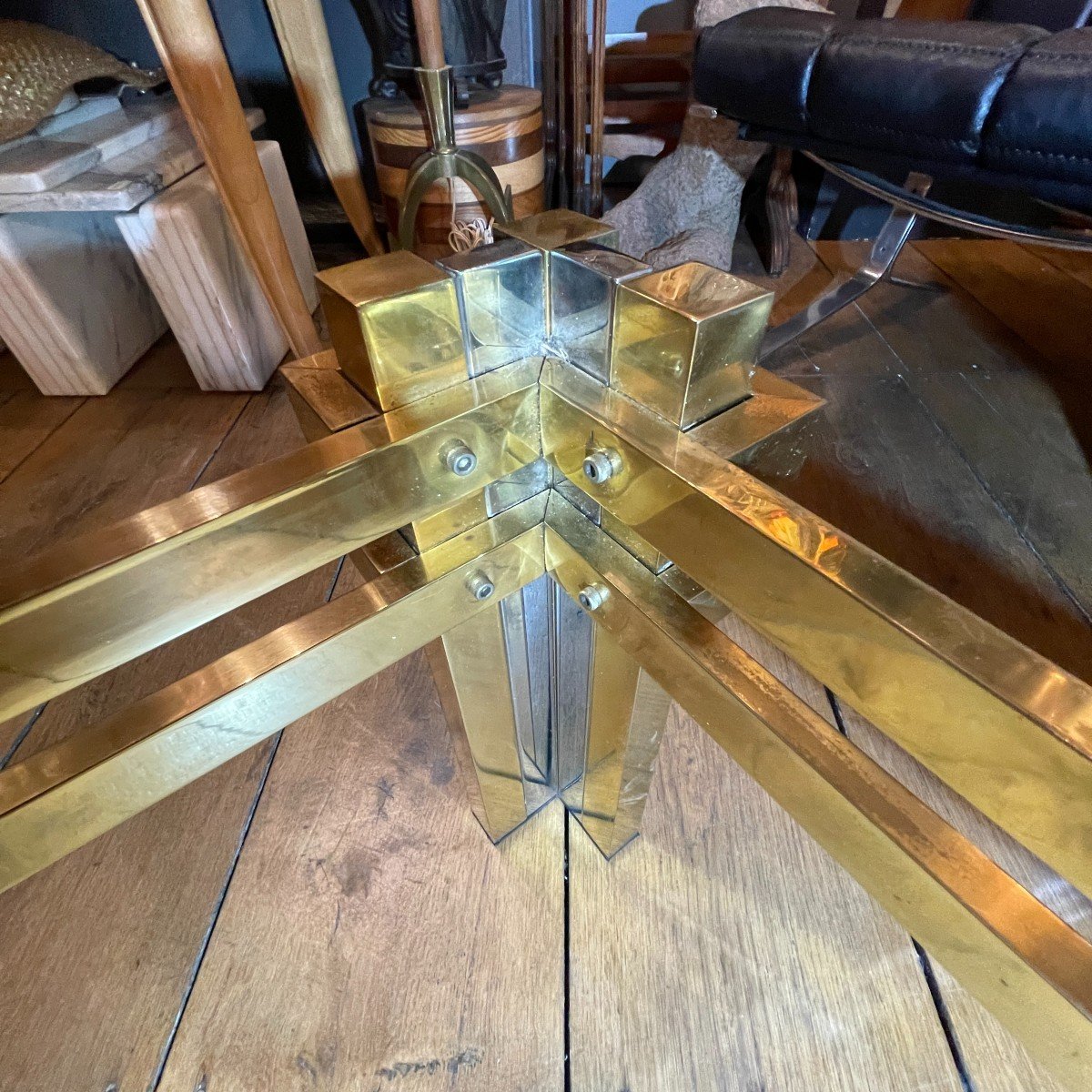 Romeo Rega, Vintage Coffee Table, Smoked Glass, Brass, Chromed Metal, Hollywood Regency 70s Design-photo-2